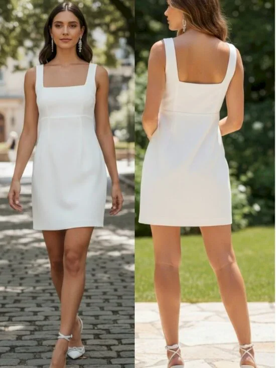 Lulus Flawed Truly the Cutest White Satin Square Neck Mini Dress Stain on back - Picture 4 of 10